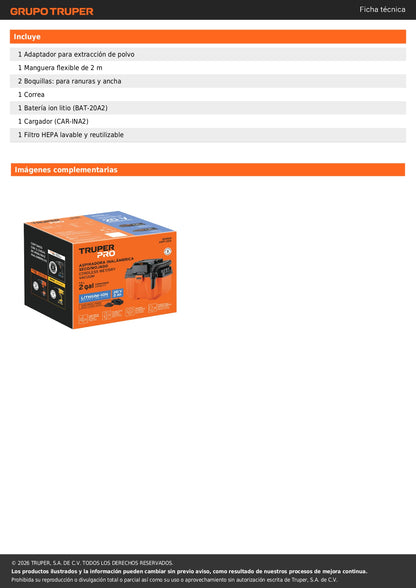 Aspiradora, 20V, 1 batería 2Ah, TRUPER PRO