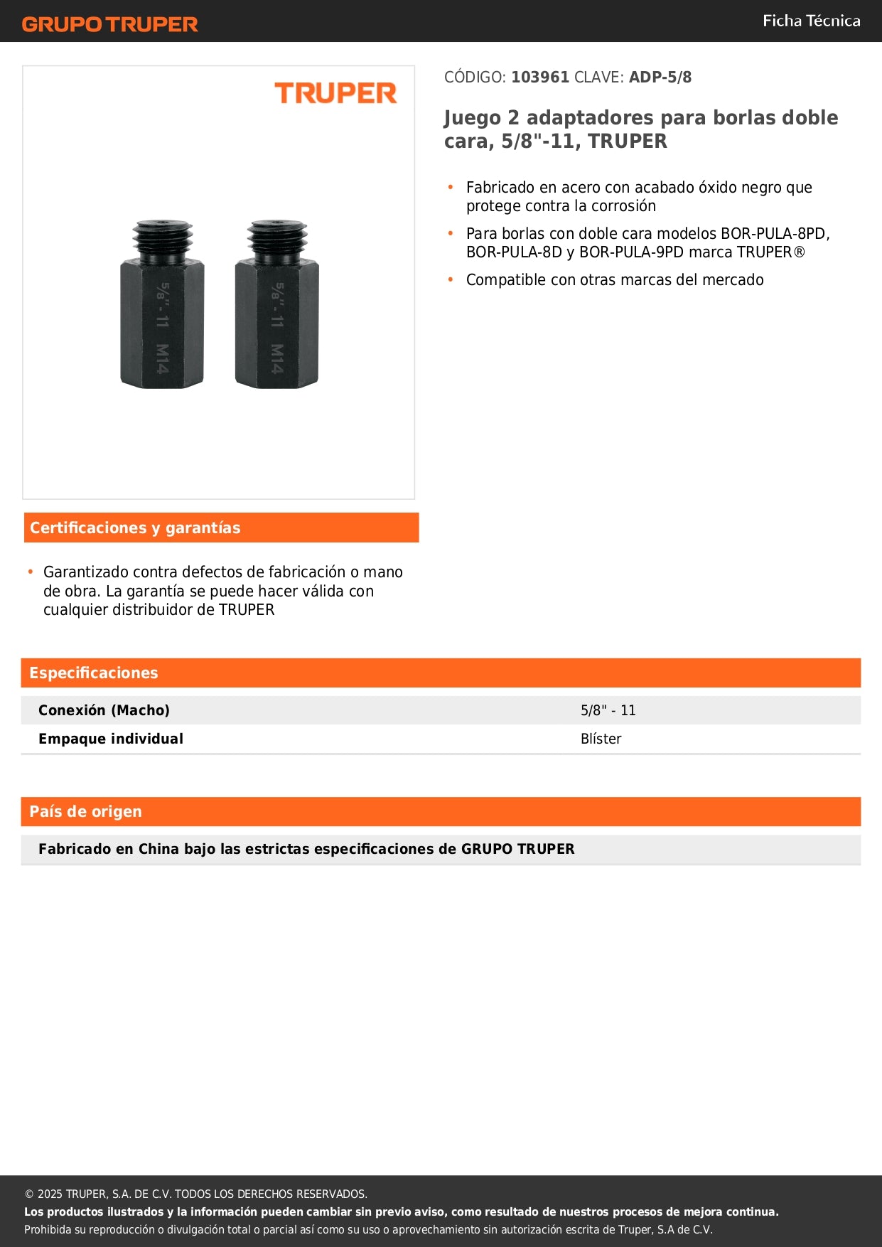 Juego 2 adaptadores para borlas doble cara, 5/8"-11, TRUPER