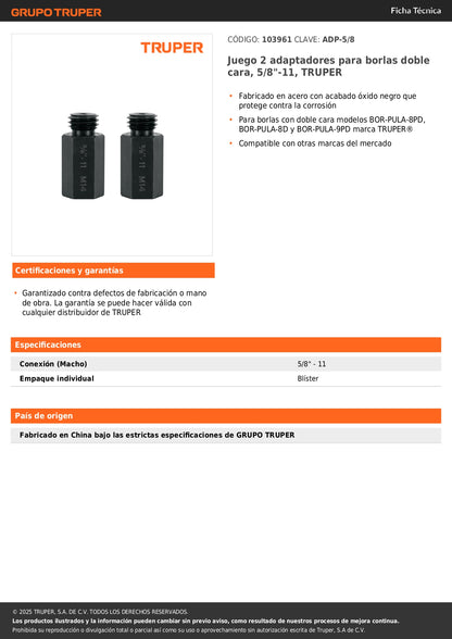 Juego 2 adaptadores para borlas doble cara, 5/8"-11, TRUPER