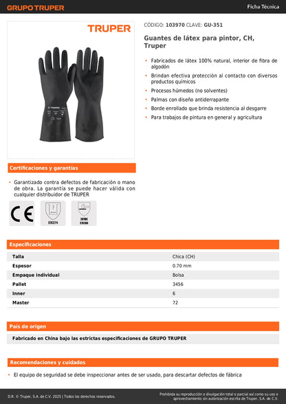 Guantes de Látex Truper GU-351 - Protección Química Antiderrapante para Pintura y Agricultura