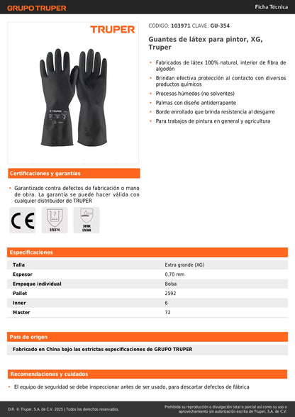 Guantes de Látex Antiderrapantes Truper XG - Protección Química para Pintura y Agricultura - Resistentes al Desgarre
