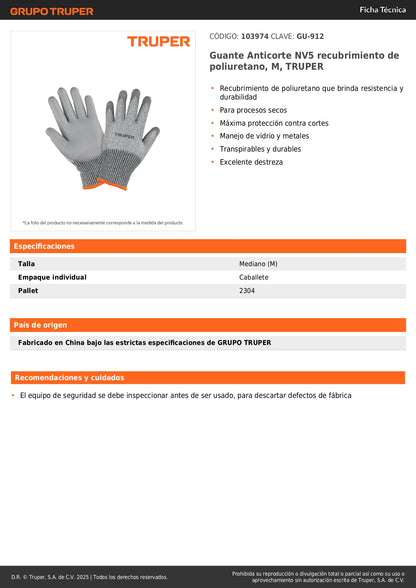 Guante Anticorte Nivel 5 TRUPER GU-912 Poliuretano Talla M - Protección Máxima Contra Cortes para Manejo Vidrio y Metal