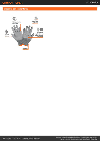 Guante Anticorte Nivel 5 TRUPER GU-913 - Protección Máxima contra Cortes en Vidrio y Metal con Recubrimiento Poliuretano