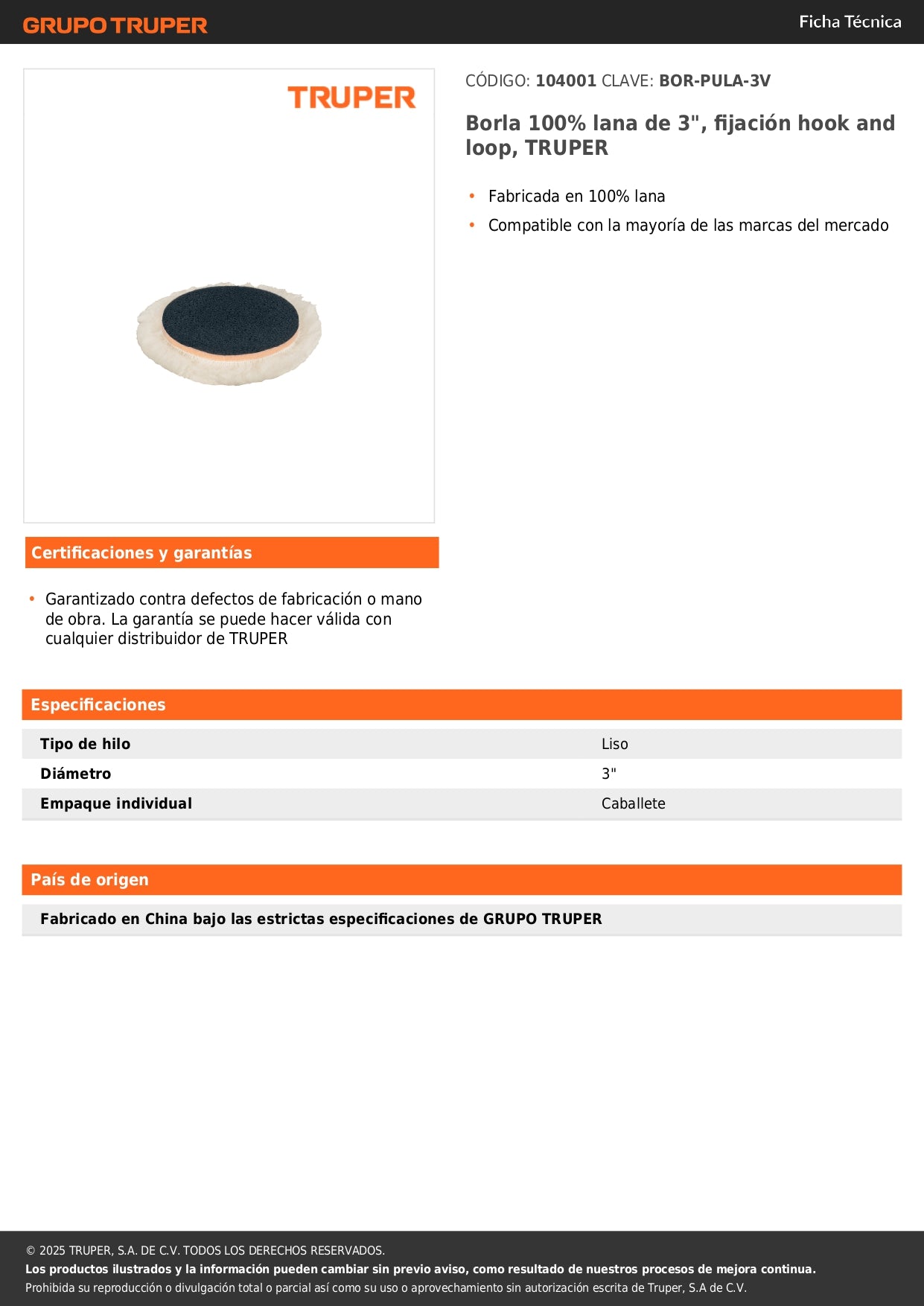 Borla 100% lana de 3", fijación hook and loop, TRUPER