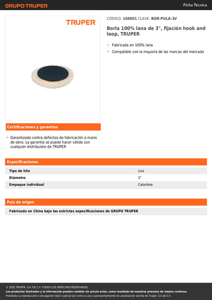 Borla 100% lana de 3", fijación hook and loop, TRUPER