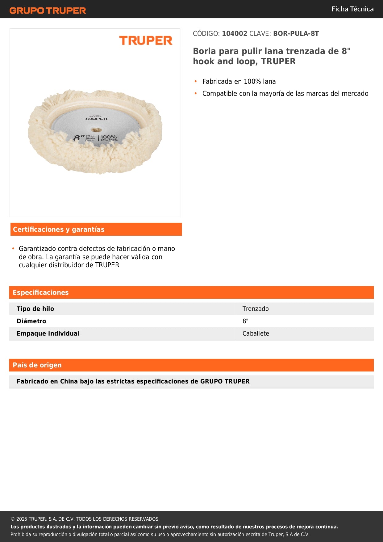 Borla para pulir lana trenzada de 8" hook and loop, TRUPER