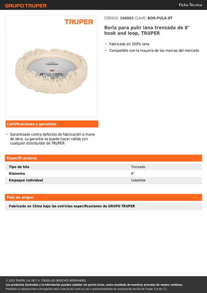 Borla para pulir lana trenzada de 8" hook and loop, TRUPER