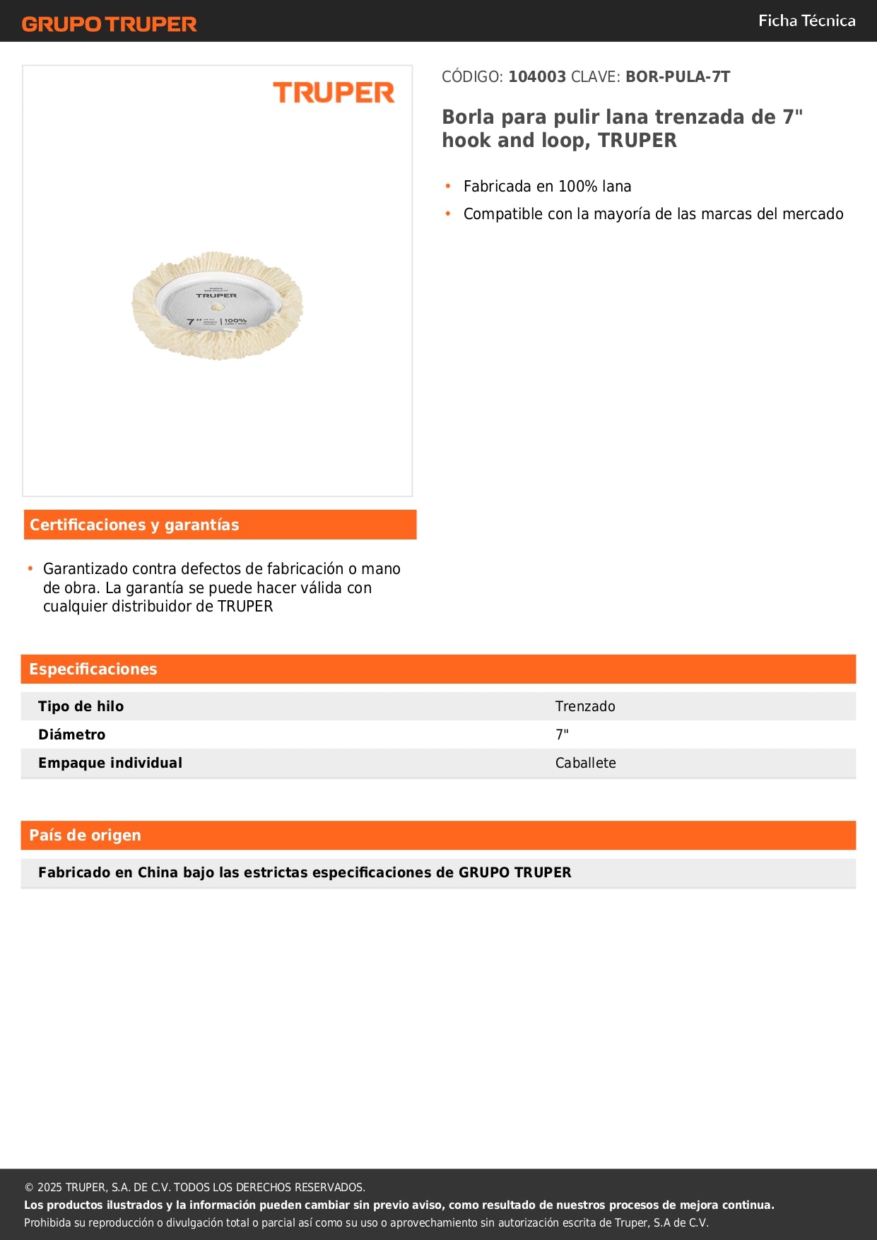 Borla para pulir lana trenzada de 7" hook and loop, TRUPER