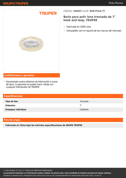 Borla para pulir lana trenzada de 7" hook and loop, TRUPER