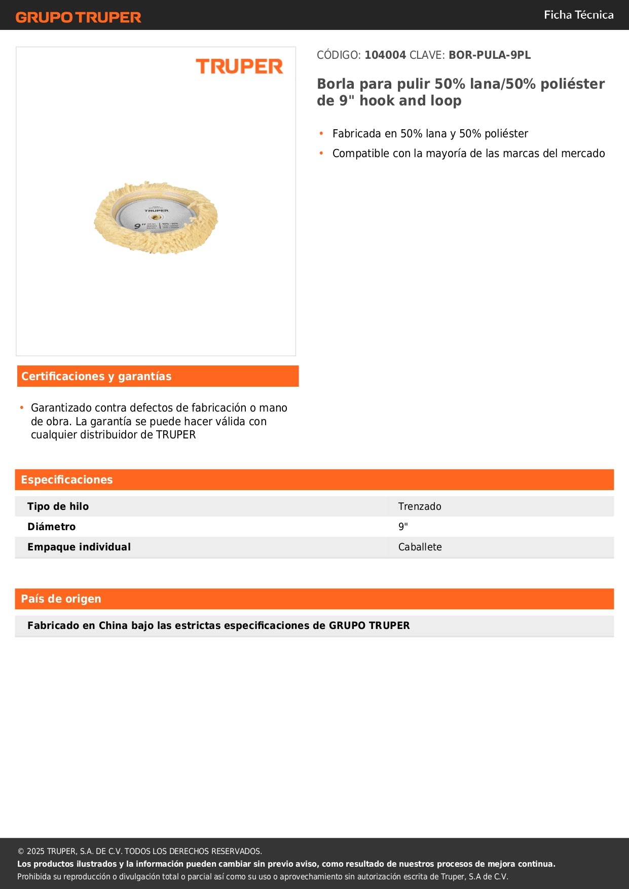 Borla para pulir 50% lana/50% poliéster de 9" hook and loop