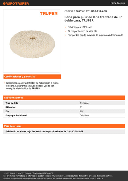 Borla para pulir de lana trenzada de 8" doble cara, TRUPER