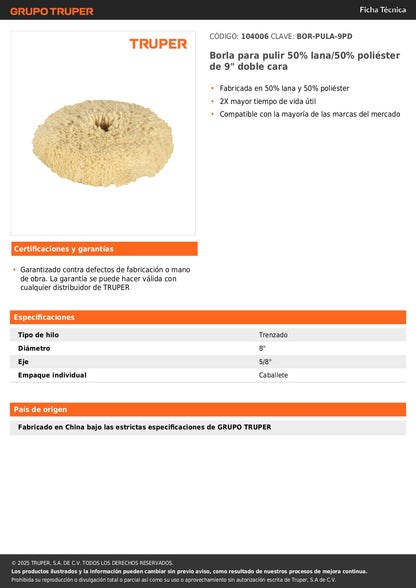Borla para pulir 50% lana/50% poliéster de 9" doble cara