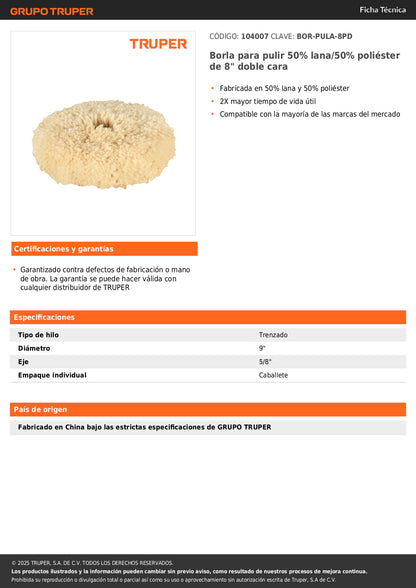 Borla para pulir 50% lana/50% poliéster de 8" doble cara