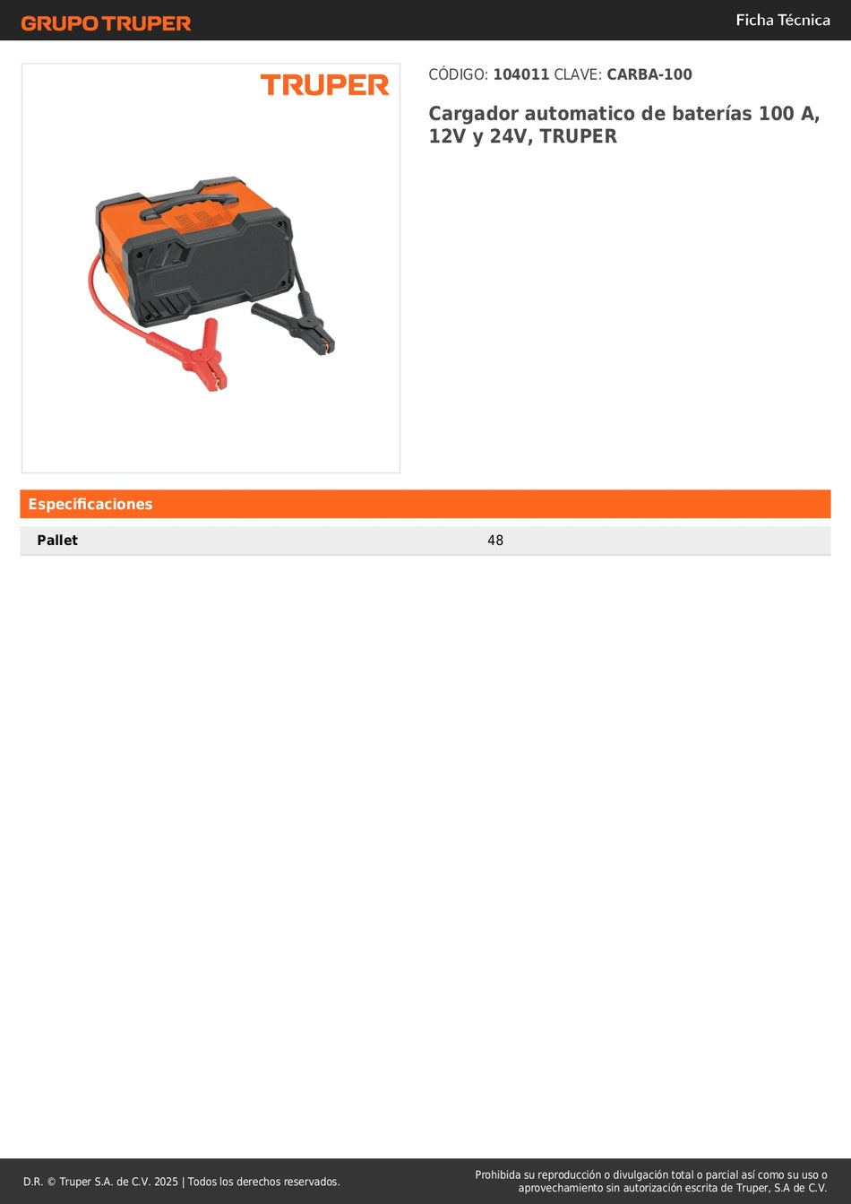 Cargador Automático de Baterías TRUPER 100A 12V/24V CARBA-100 - Solución Profesional para Carga Rápida y Mantenimiento de Baterías Automotrices e Industriales