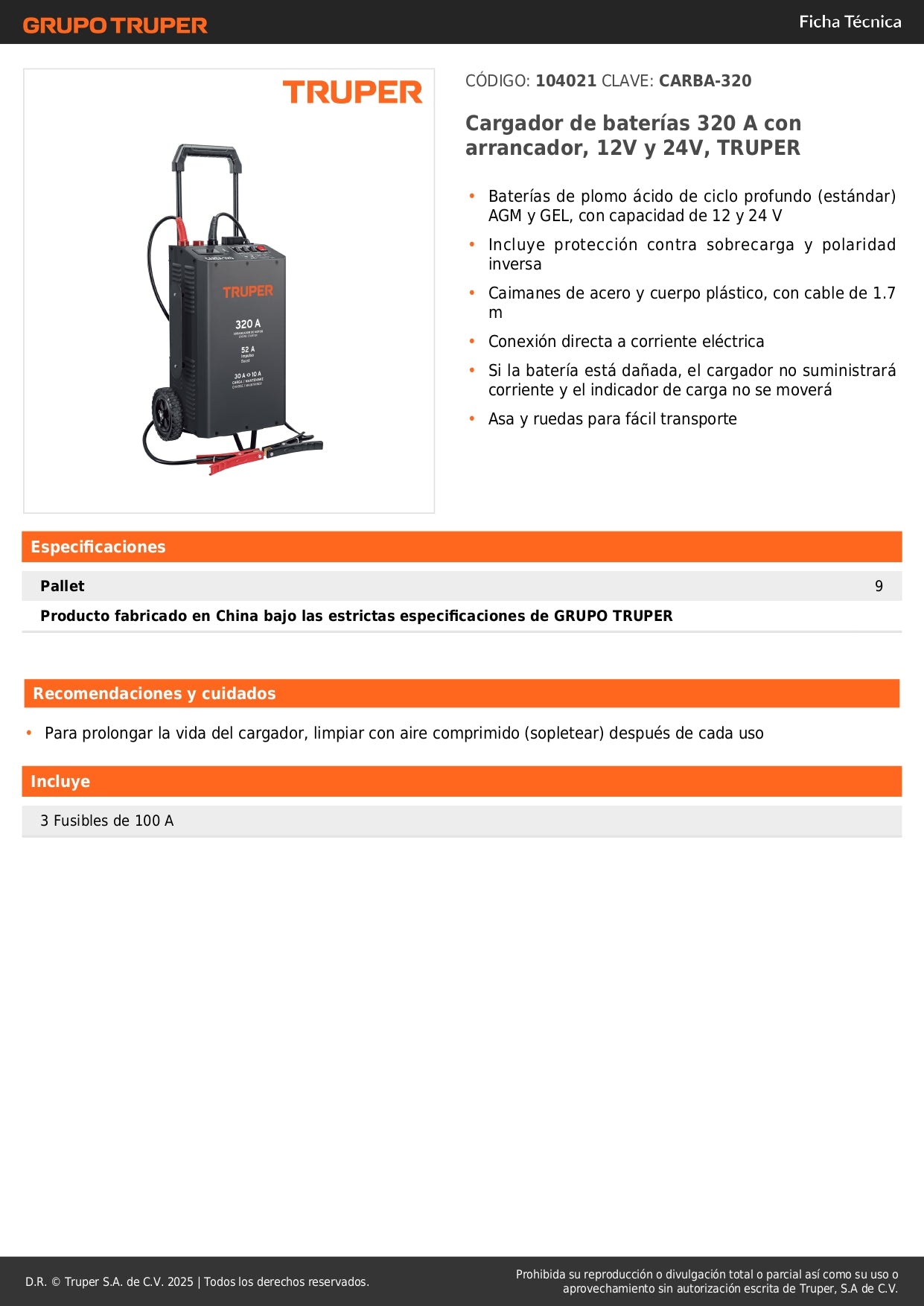 Cargador de Baterías TRUPER 320A con Arrancador 12V/24V - Solución Profesional para Baterías Descargadas y Arranque de Emergencia