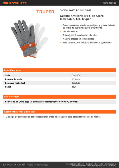 Guante Anticorte Profesional Truper GU-921 - Protección Máxima Acero Inoxidable para Industria Alimenticia y Construcción
