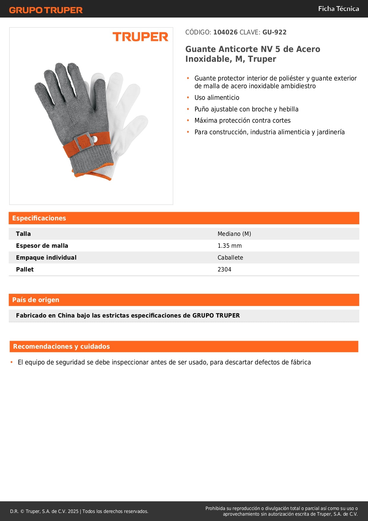 Guante Anticorte Profesional Acero Inoxidable Nivel 5 Truper GU-922 - Máxima Protección Manos Industria Alimenticia