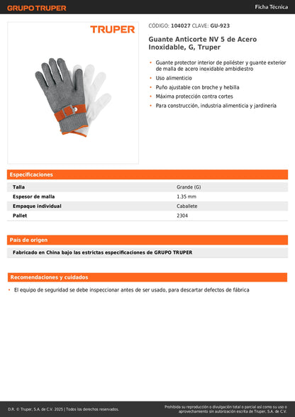 Guante Anticorte Profesional NV5 Acero Inoxidable Truper - Máxima Protección Construcción Industria Alimenticia