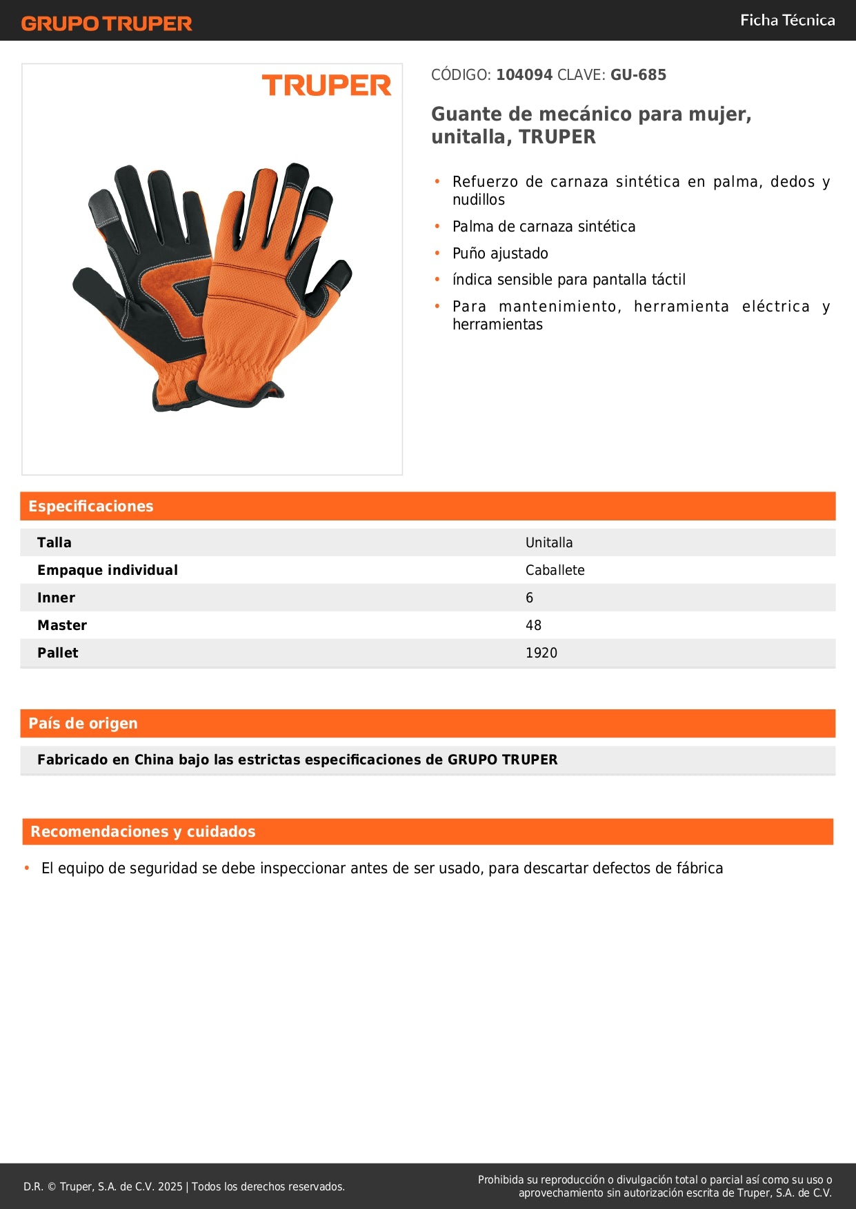 Guante de Mecánico TRUPER para Mujer GU-685 - Protección Profesional con Refuerzo de Carnaza Sintética y Pantalla Táctil para Herramientas Eléctricas y Mantenimiento