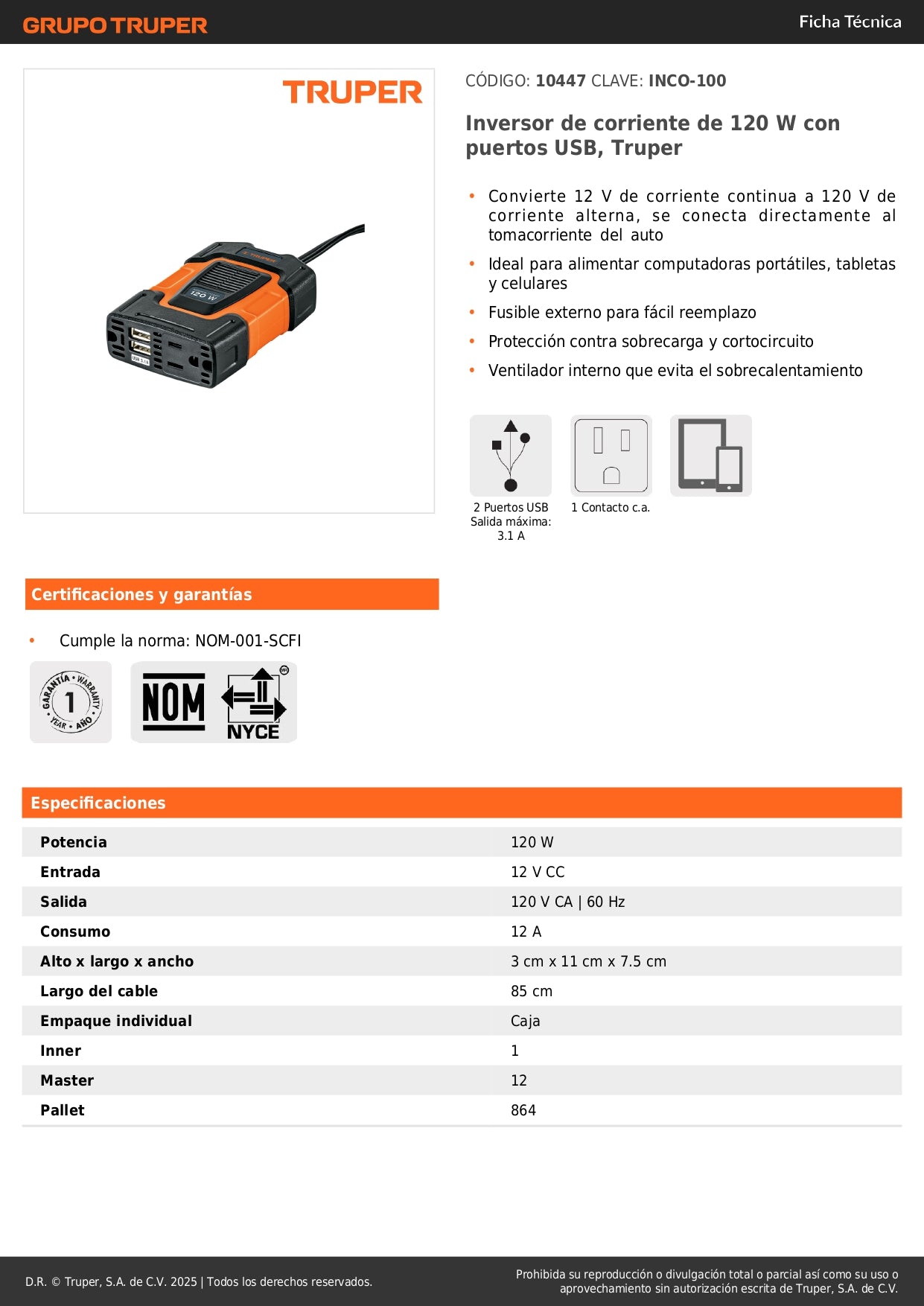 Inversor de Corriente 12V a 120V 120W Truper INCO-100 - Convierte Energía Auto para Laptop Tablet Celular con Puertos USB y Protección Sobrecarga