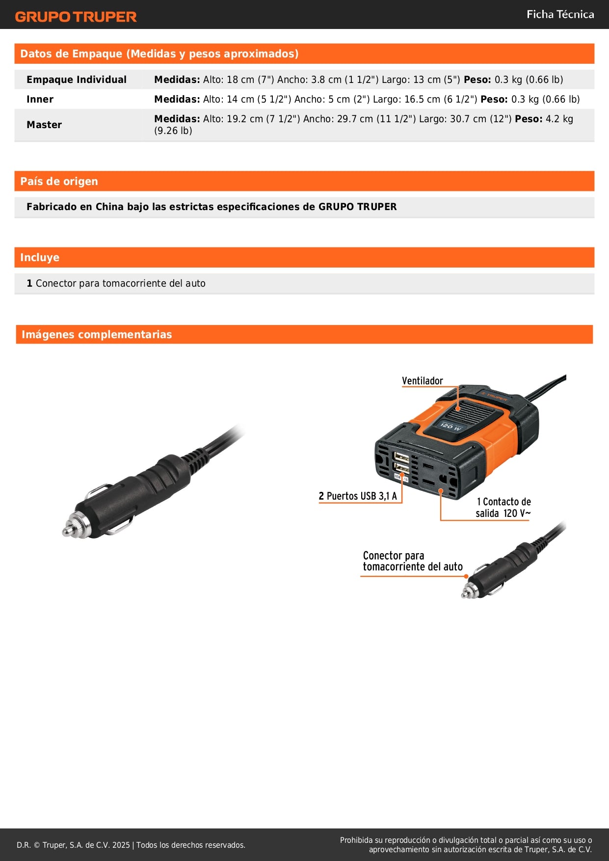 Inversor de Corriente 12V a 120V 120W Truper INCO-100 - Convierte Energía Auto para Laptop Tablet Celular con Puertos USB y Protección Sobrecarga