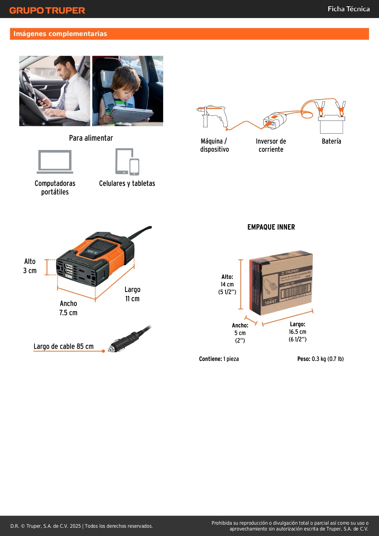 Inversor de Corriente 12V a 120V 120W Truper INCO-100 - Convierte Energía Auto para Laptop Tablet Celular con Puertos USB y Protección Sobrecarga