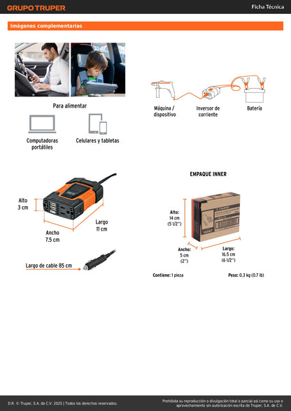 Inversor de Corriente 12V a 120V 120W Truper INCO-100 - Convierte Energía Auto para Laptop Tablet Celular con Puertos USB y Protección Sobrecarga