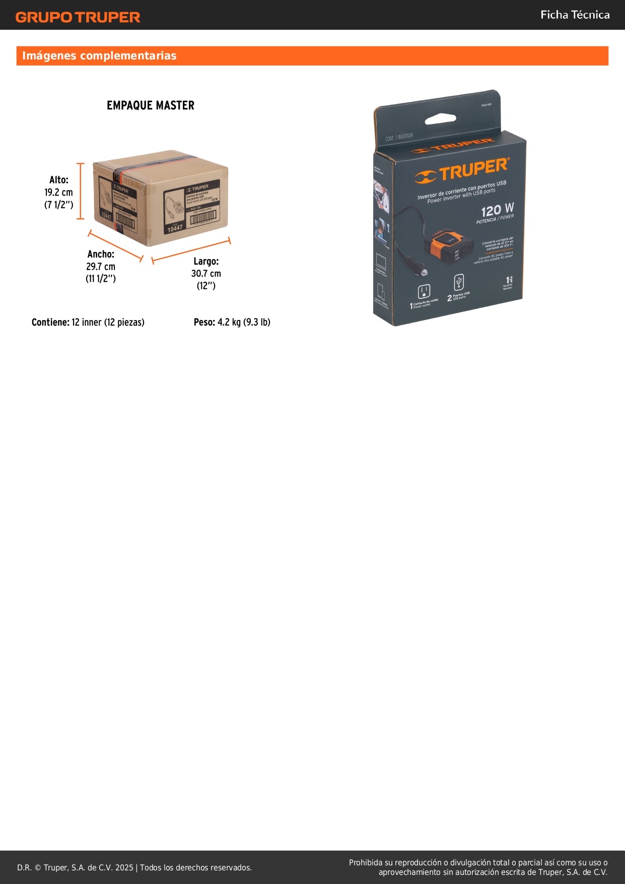 Inversor de Corriente 12V a 120V 120W Truper INCO-100 - Convierte Energía Auto para Laptop Tablet Celular con Puertos USB y Protección Sobrecarga