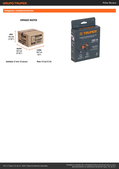 Inversor de Corriente 12V a 120V 120W Truper INCO-100 - Convierte Energía Auto para Laptop Tablet Celular con Puertos USB y Protección Sobrecarga