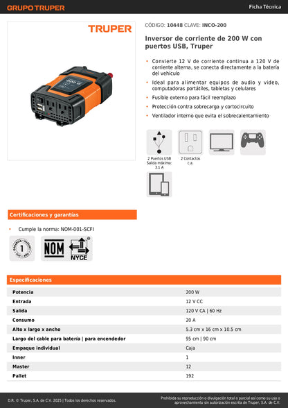 Inversor de Corriente 12V a 120V 200W Truper INCO-200 con USB - Solución Portátil para Alimentar Equipos Electrónicos en Vehículos