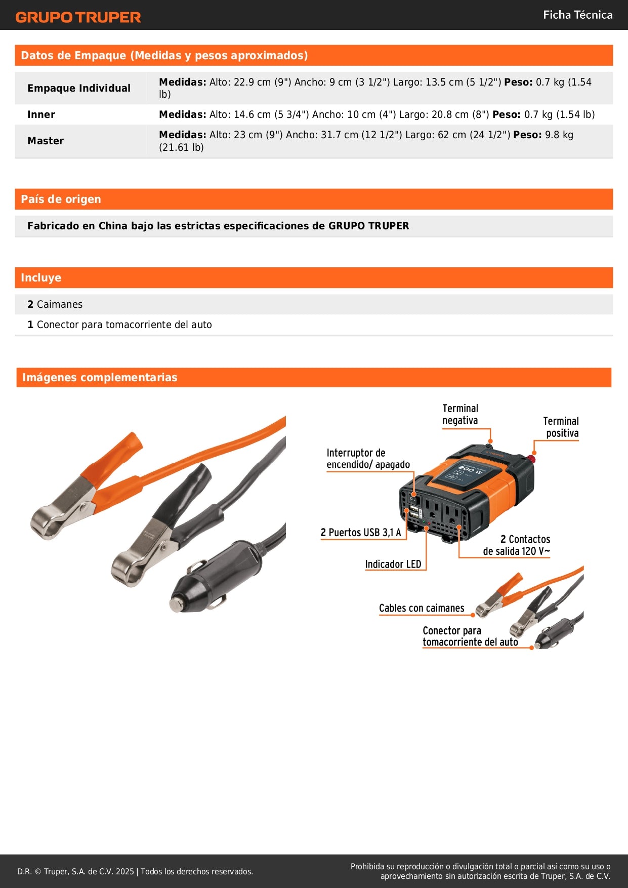 Inversor de Corriente 12V a 120V 200W Truper INCO-200 con USB - Solución Portátil para Alimentar Equipos Electrónicos en Vehículos