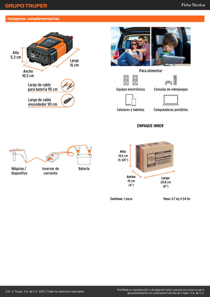 Inversor de Corriente 12V a 120V 200W Truper INCO-200 con USB - Solución Portátil para Alimentar Equipos Electrónicos en Vehículos