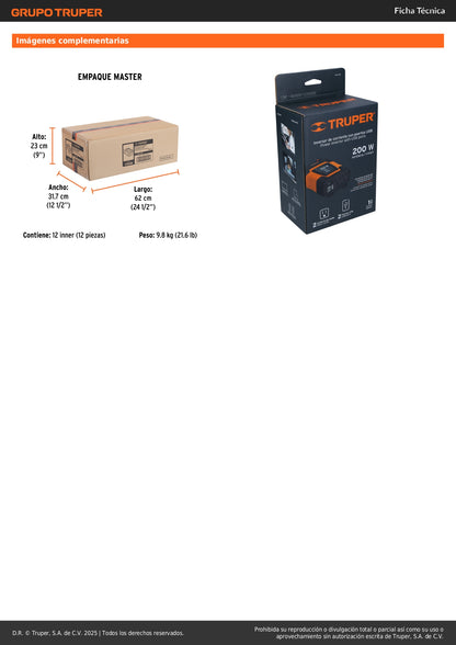 Inversor de Corriente 12V a 120V 200W Truper INCO-200 con USB - Solución Portátil para Alimentar Equipos Electrónicos en Vehículos