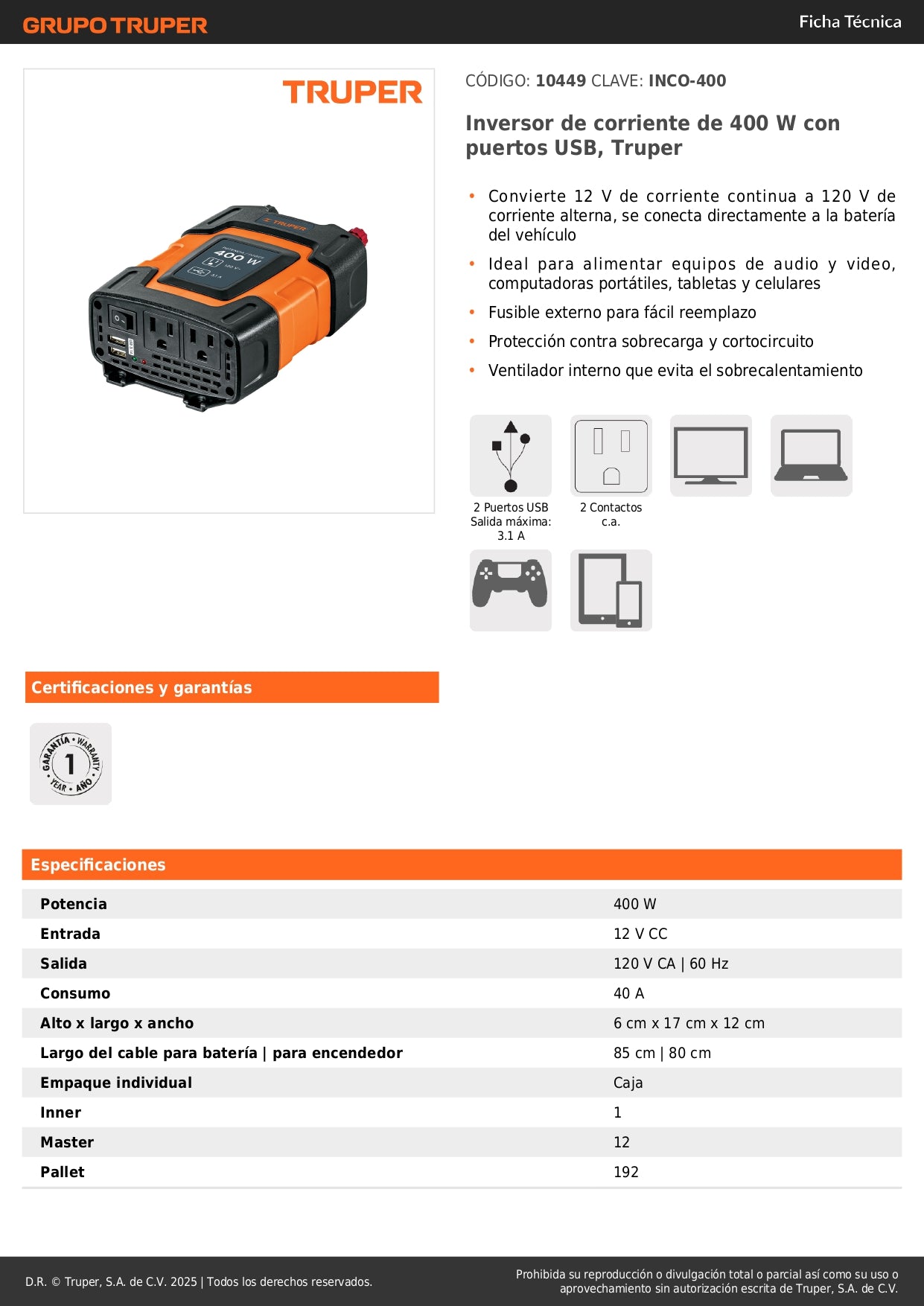 Inversor de Corriente 400W Truper INCO-400 - Convierte 12V a 120V con USB - Solución Portátil para Alimentar Equipos Electrónicos en Vehículos