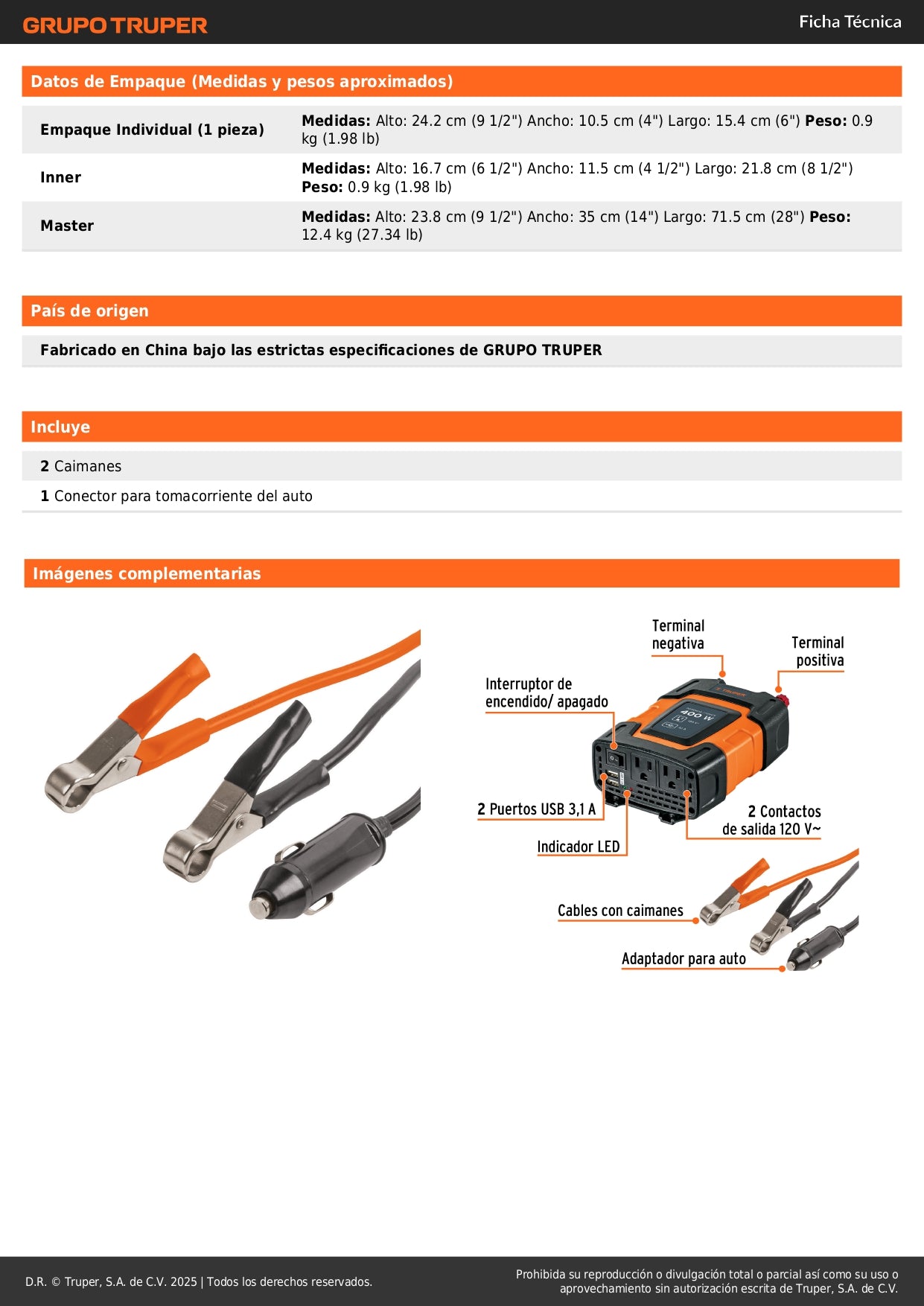Inversor de Corriente 400W Truper INCO-400 - Convierte 12V a 120V con USB - Solución Portátil para Alimentar Equipos Electrónicos en Vehículos