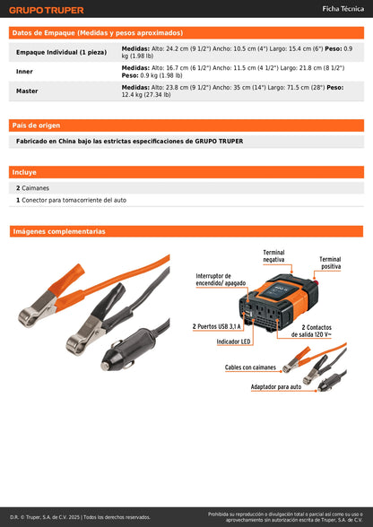Inversor de Corriente 400W Truper INCO-400 - Convierte 12V a 120V con USB - Solución Portátil para Alimentar Equipos Electrónicos en Vehículos