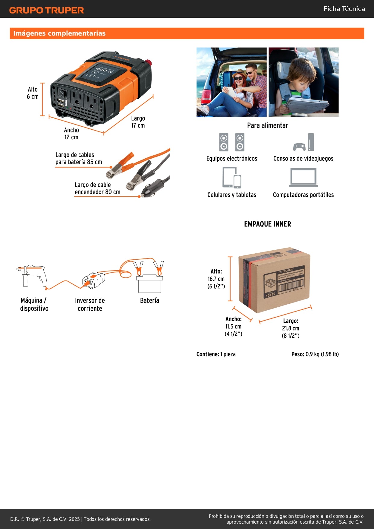Inversor de Corriente 400W Truper INCO-400 - Convierte 12V a 120V con USB - Solución Portátil para Alimentar Equipos Electrónicos en Vehículos