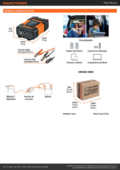 Inversor de Corriente 400W Truper INCO-400 - Convierte 12V a 120V con USB - Solución Portátil para Alimentar Equipos Electrónicos en Vehículos