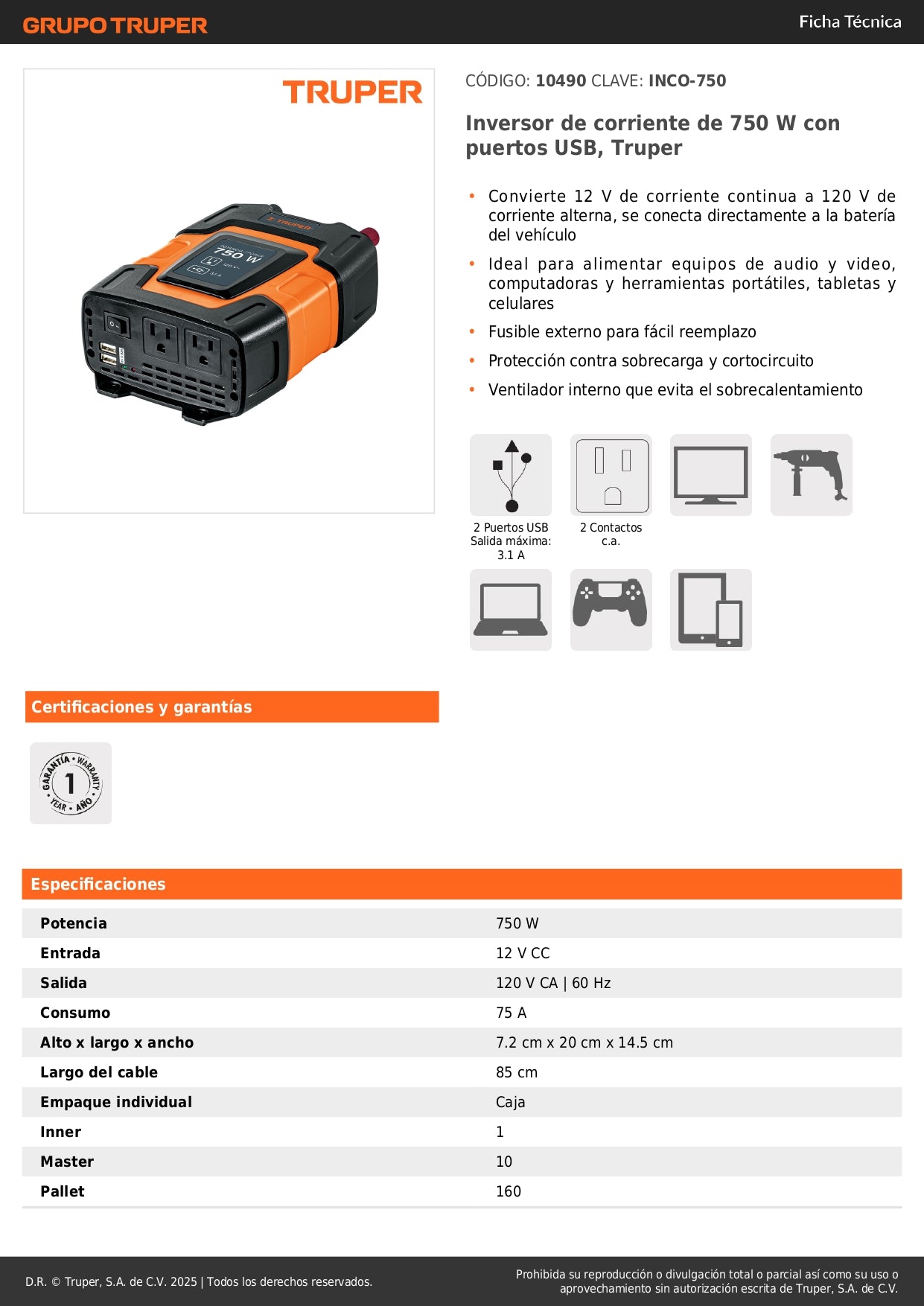 Inversor de Corriente 750W Truper INCO-750 - Convierte 12V DC a 120V AC con Puertos USB para Alimentar Equipos Electrónicos en Vehículos