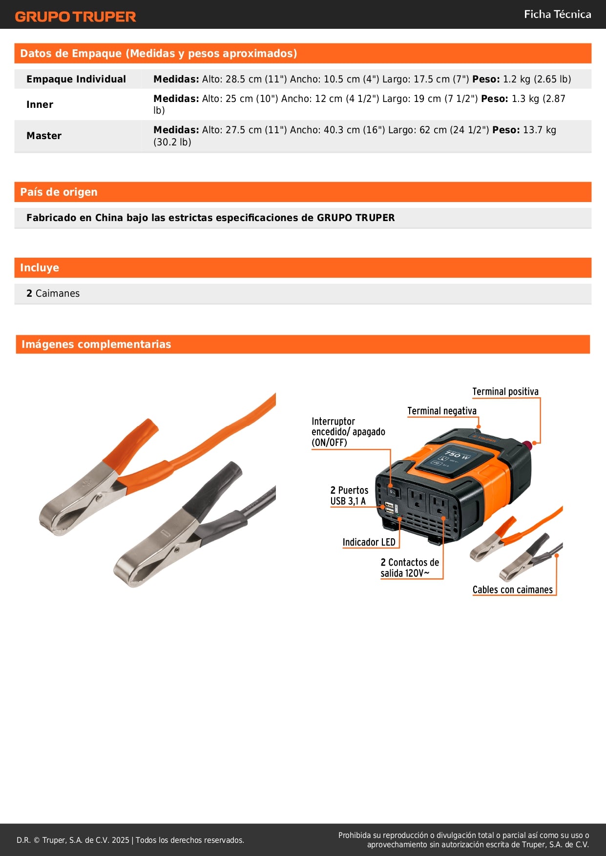 Inversor de Corriente 750W Truper INCO-750 - Convierte 12V DC a 120V AC con Puertos USB para Alimentar Equipos Electrónicos en Vehículos