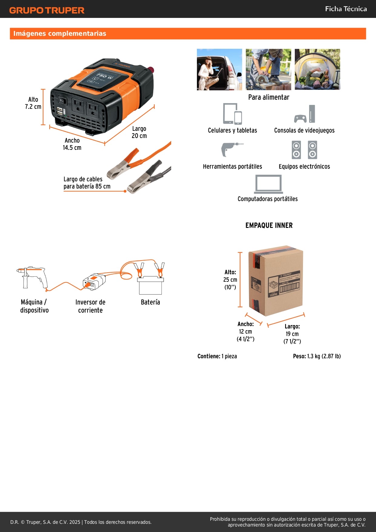 Inversor de Corriente 750W Truper INCO-750 - Convierte 12V DC a 120V AC con Puertos USB para Alimentar Equipos Electrónicos en Vehículos