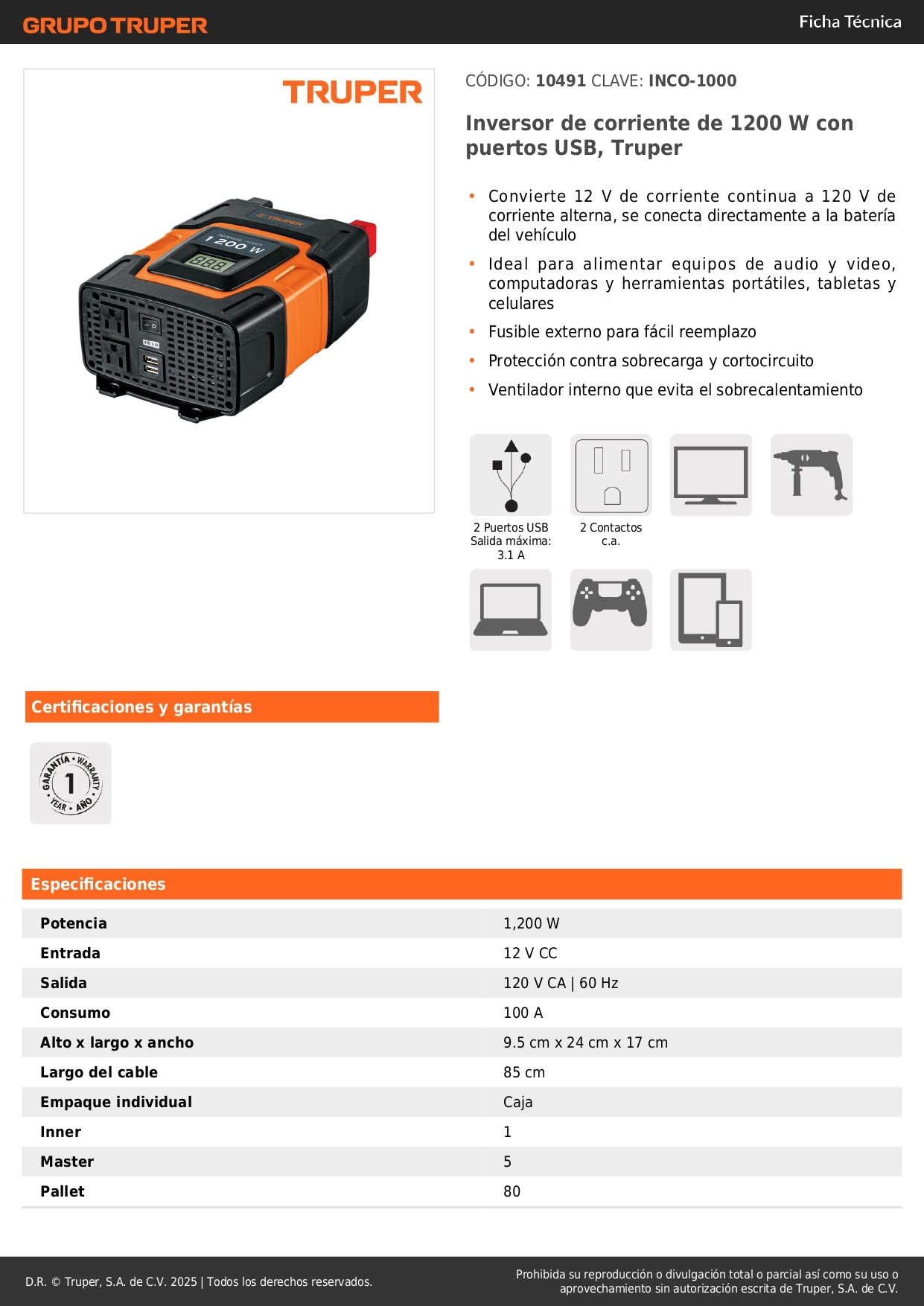 Inversor de Corriente 1200W Truper INCO-1000 - Convierte 12V a 120V con Puertos USB para Vehículos, Computadoras y Herramientas Portátiles