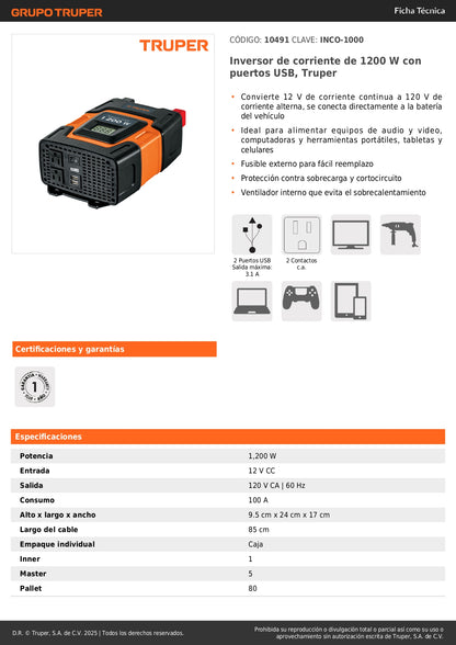 Inversor de Corriente 1200W Truper INCO-1000 - Convierte 12V a 120V con Puertos USB para Vehículos, Computadoras y Herramientas Portátiles