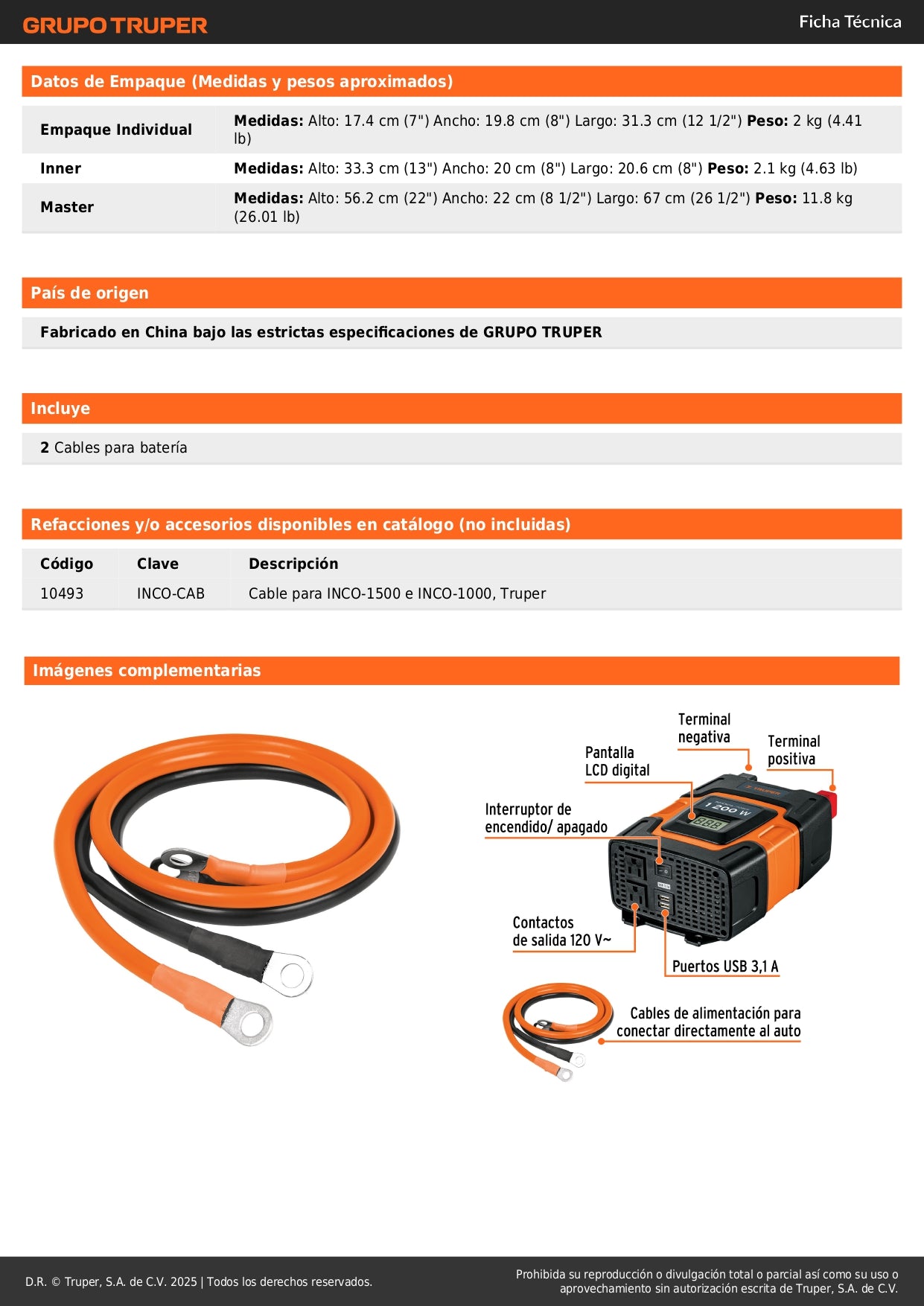 Inversor de Corriente 1200W Truper INCO-1000 - Convierte 12V a 120V con Puertos USB para Vehículos, Computadoras y Herramientas Portátiles