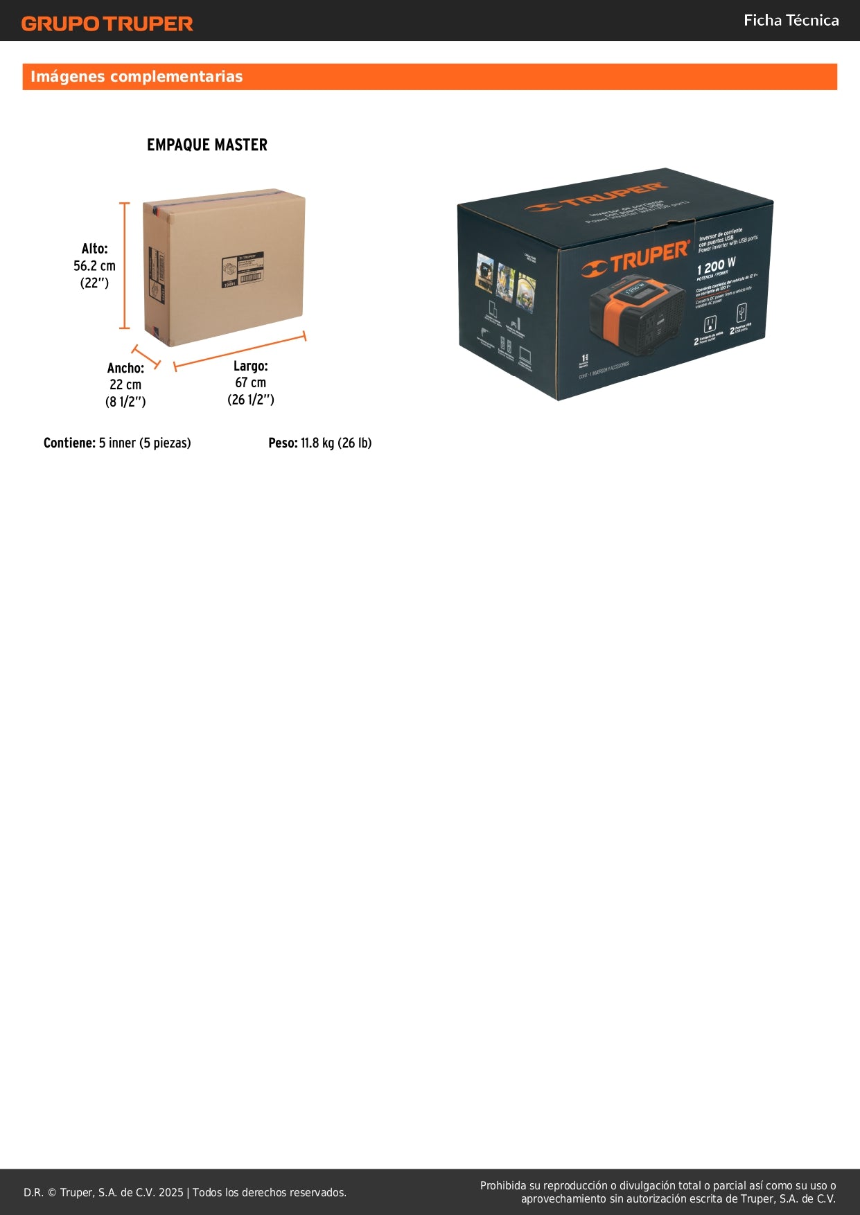 Inversor de Corriente 1200W Truper INCO-1000 - Convierte 12V a 120V con Puertos USB para Vehículos, Computadoras y Herramientas Portátiles