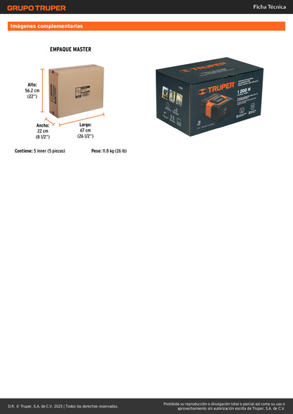 Inversor de Corriente 1200W Truper INCO-1000 - Convierte 12V a 120V con Puertos USB para Vehículos, Computadoras y Herramientas Portátiles