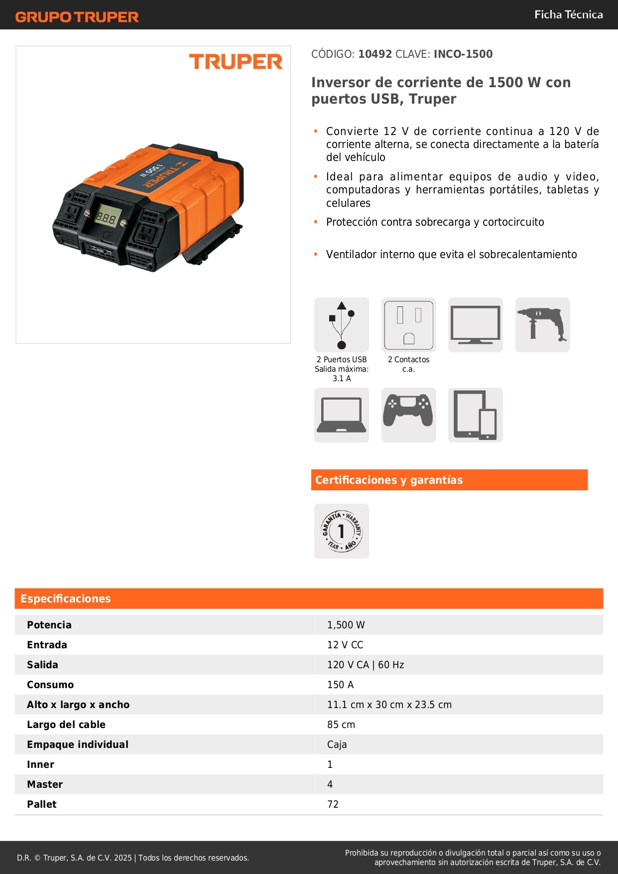 Inversor de Corriente 1500W Truper INCO-1500 - Convierte 12V a 120V con USB para Auto, Camión y Herramientas Portátiles