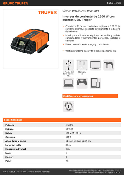 Inversor de Corriente 1500W Truper INCO-1500 - Convierte 12V a 120V con USB para Auto, Camión y Herramientas Portátiles