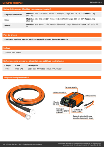Inversor de Corriente 1500W Truper INCO-1500 - Convierte 12V a 120V con USB para Auto, Camión y Herramientas Portátiles