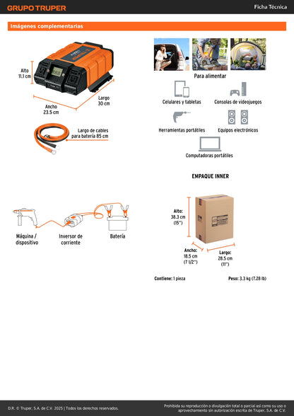 Inversor de Corriente 1500W Truper INCO-1500 - Convierte 12V a 120V con USB para Auto, Camión y Herramientas Portátiles
